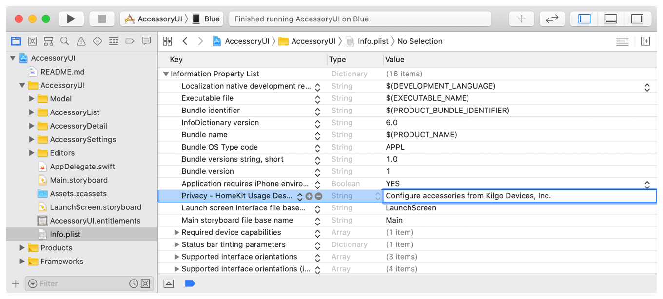 Screenshot showing the HomeKit Usage Description key in the app’s Info.plist file.