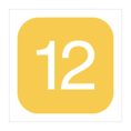 A white number twelve, inside a yellow-filled square with rounded corners.
