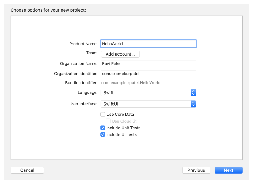 Screenshot showing new project options where you enter a product name, organization name, and organization identifier, and choose a Team and a programming language.