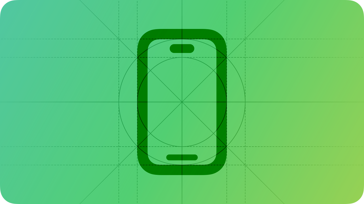 A stylized representation of an iPhone frame shown on top of a grid. The image is overlaid with rectangular and circular grid lines and is tinted green to subtly reflect the green in the original six-color Apple logo.
