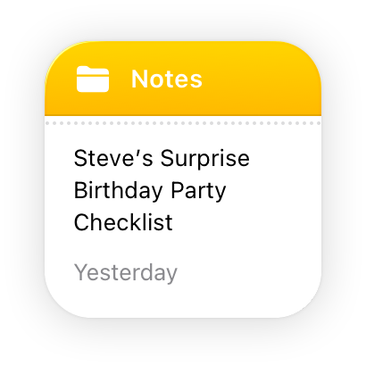 An image of the small Notes widget. Below the yellow bar that contains the app icon and name, the widget displays a single note in black text on a white background.