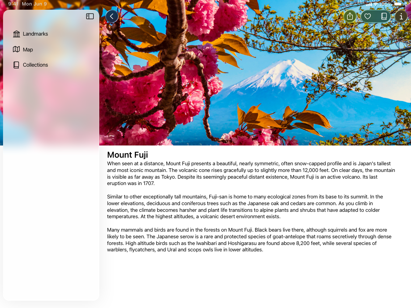 A screenshot of a full screen iPad app with a sidebar on the leading edge. A photo of Mount Fuji fills the top half of the content area. The photo subtly blurs as it reaches the top of the screen, where toolbar items float above it grouped on the trailing edge. Where the photo meets the sidebar, the image flips, blurs, and extends fully beneath the sidebar to the edge of the screen.